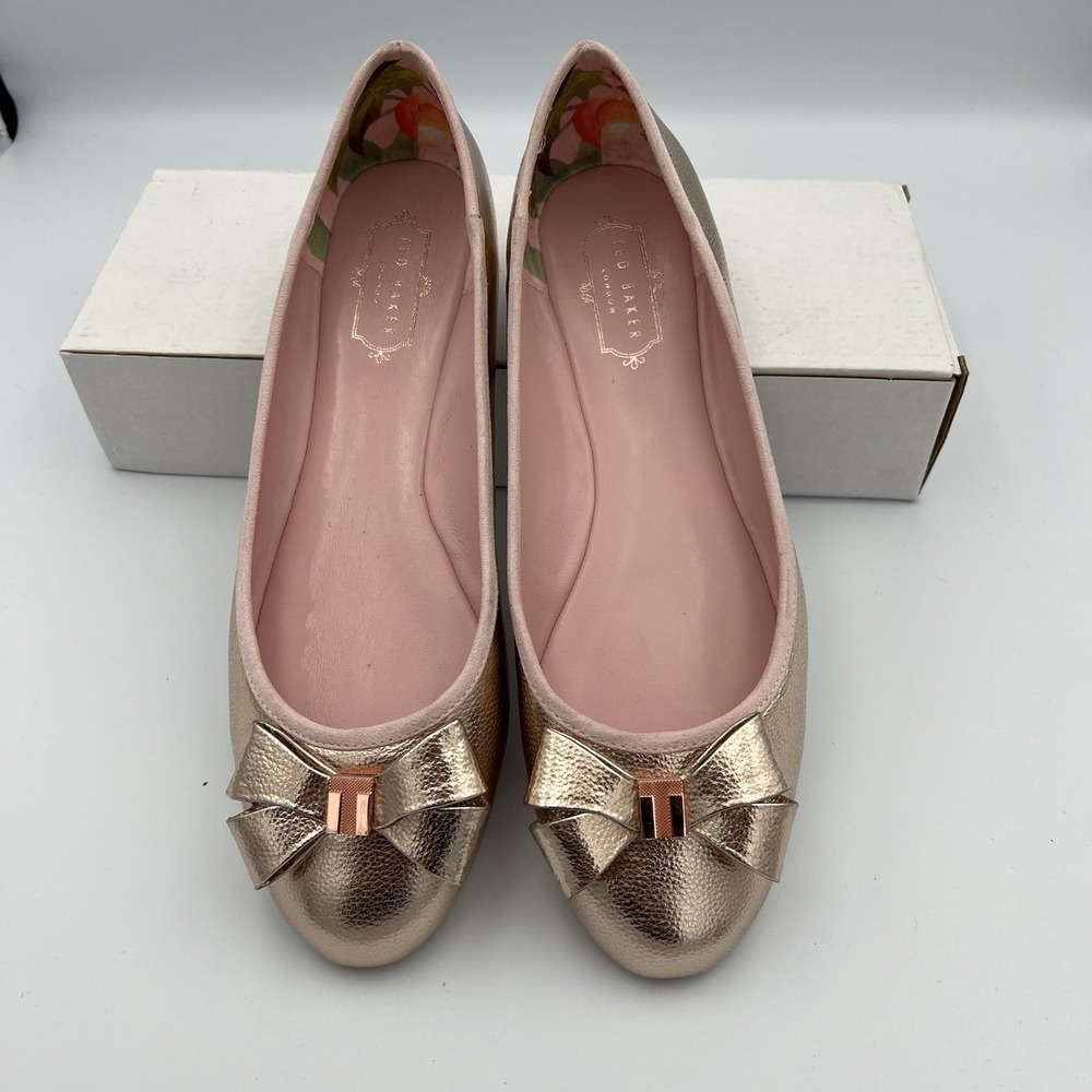 Ted Baker London Immet Ballet Flats Size 11 Gold‎ Metallic Bow Slip-on EUC